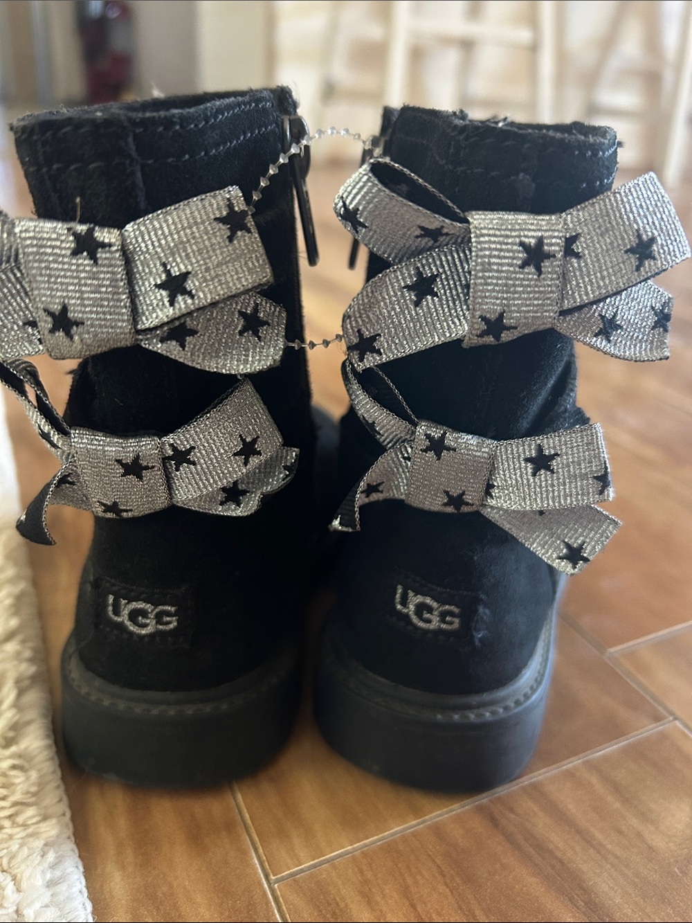 UGG Kids Black Suede Boots with Silver Star Ribbon Bows